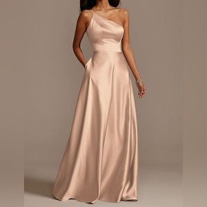 One shoulder satin a-line long bridesmaid dress